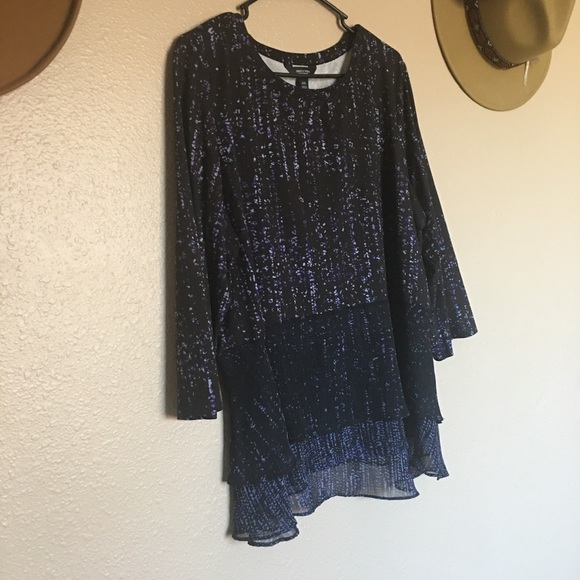 Simply Vera Plus Women’s Black & Purple Mixed Pattern Layered Ruffled Blouse - Picture 2 of 13